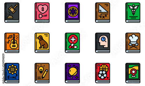Set of Vector Icons Related to Books. Contains such Icons as Law Book, Love Book, Magic Book , Math Book, Music Book, Travel Book and more.