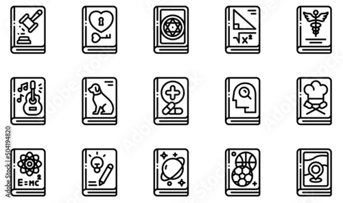 Set of Vector Icons Related to Books. Contains such Icons as Law Book, Love Book, Magic Book , Math Book, Music Book, Travel Book and more.
