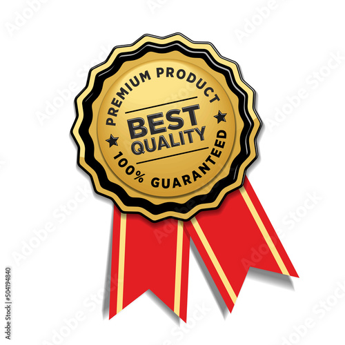 Premium product quality guarantee. Vector gold badge with red ribbon on transparent background