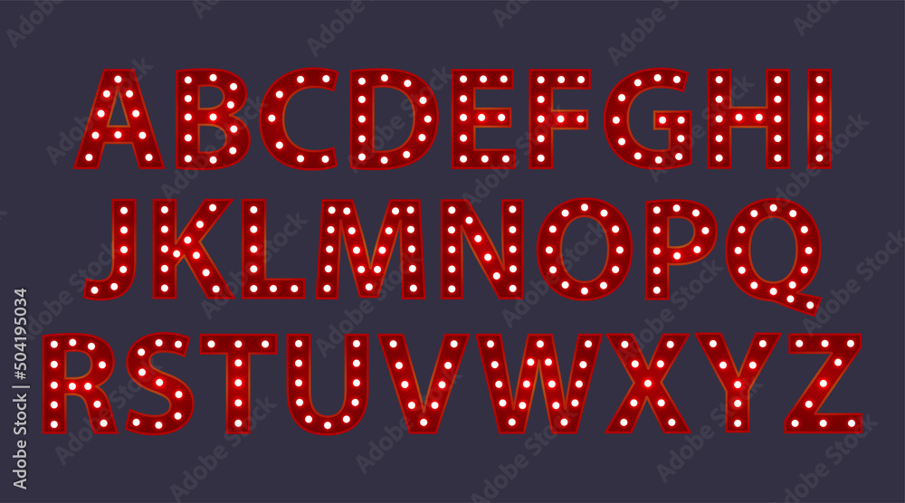 Set of red alphabet from English letters with luminous glowing lightbulbs. ABC vector typography words design. Template type font for poster. Set of red alphabet from English letters with luminous glowing lightbulbs. ABC vector typography words design. Template type font for poster.