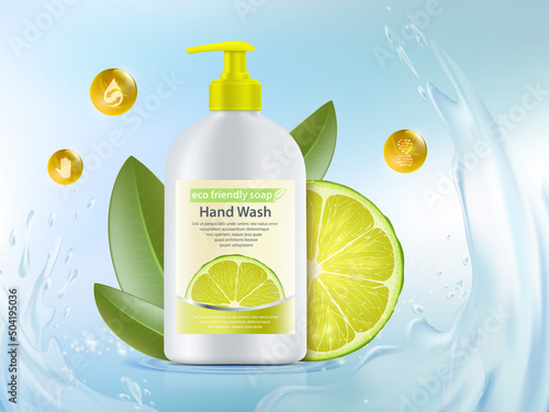 Citrus liquid soap in a plastic bottle with a dispenser