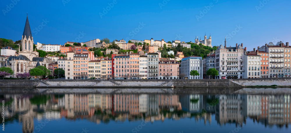 Famous view Saone river in the morning, Lyon