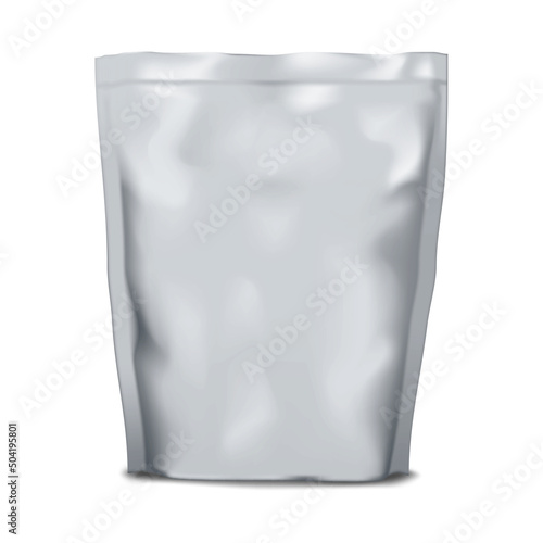Blank retort stand-up pouch realistic vector mockup. Flexible plastic bag mock-up. Food product packaging. Template for design