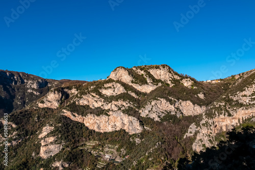 Scenic view on Monte Gambera from Montepertuso Il Buco on hiking trail Path of Gods between Positano and Praiano, Amalfi Coast, Campania, Italy, Europe. Hole in a cliff rock at the Mediterranean Sea