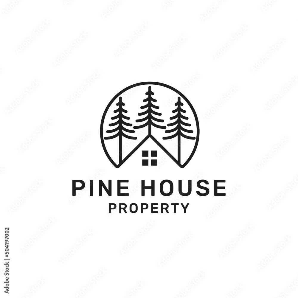 Cabin vector logo with cedar conifer pine trees. Minimalist and simple property icons. Line art retro hipster vintage symbol. Organic house, forest cottage design illustration.