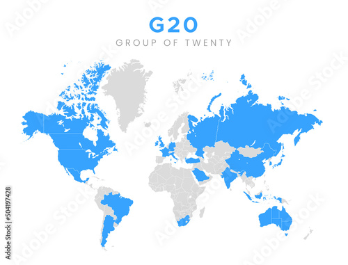 Group of twenty countries on world map. G20 infographic isolated on white background. Vector stock