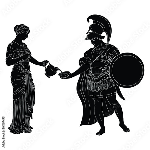 A young slender ancient Greek woman in tunic with a jug pouring water into a bowl for a warrior in armor with a shield. Figure isolated on white background.