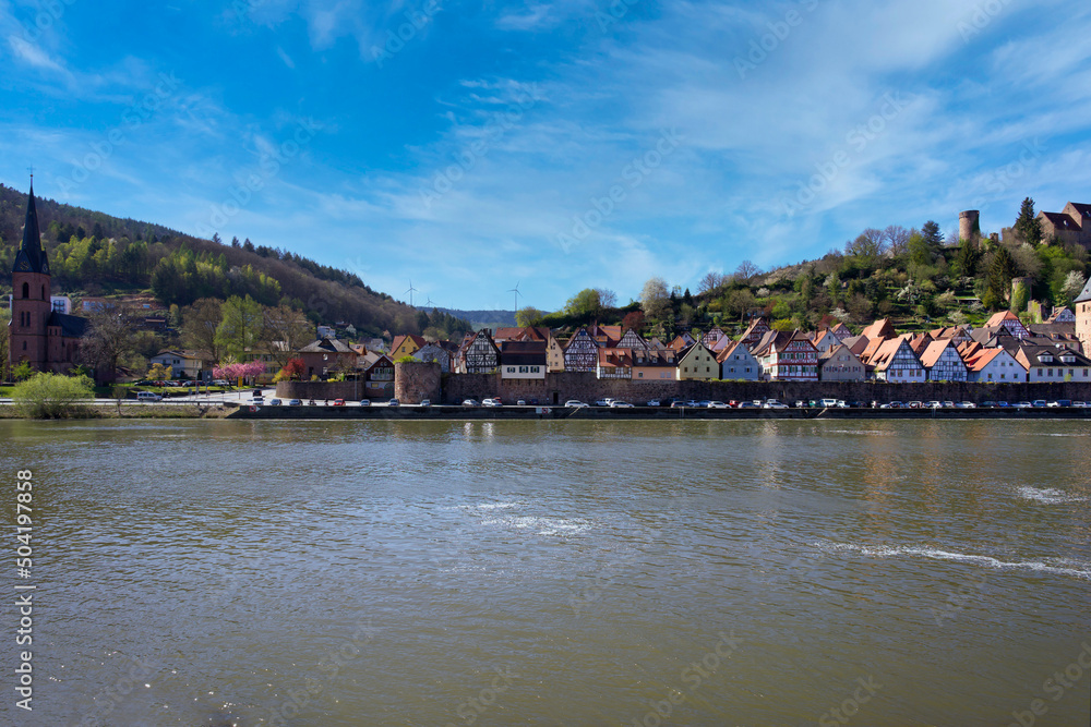 View of the old town of Hirschhorn (Hesse, Germany), its historic center form the south bank of the Neckar River