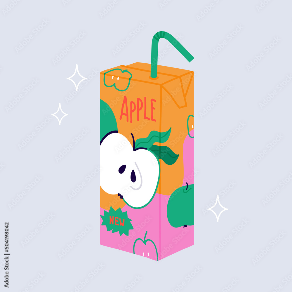 Apple juice box. Fresh drink in paper package with plastic pipe. Fruit
