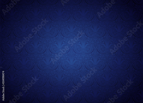 Royal, vintage, Gothic horizontal background in dark blue ultramarine with a classic antique ornament, Rococo. Vector illustration