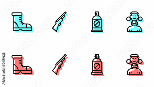 Set line Spray against insects, Hunter boots, Hunting gun and African tribe male icon. Vector