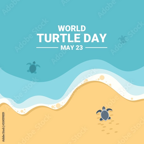 Baby turtle heading to sea after hatching, as world turtle day banner or poster, vector illustration.