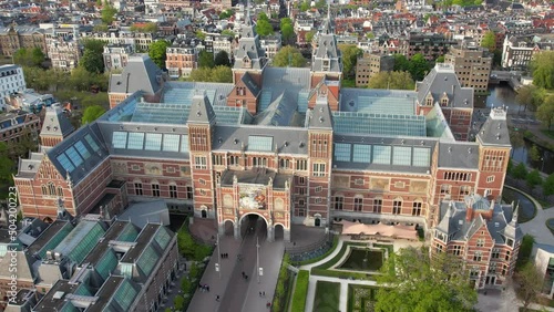 Rijksmuseum in Amsterdam, Netherlands aerial view. Dutch national museum, famous place to visit in Holland.