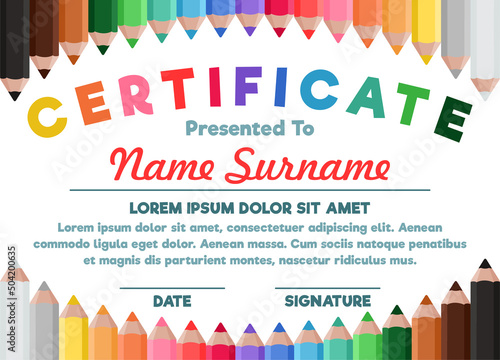 Children's certificate on the background of colored pencils, with the winner's cup. Template for diploma, announcement, certificate of honor, award. Vector illustration