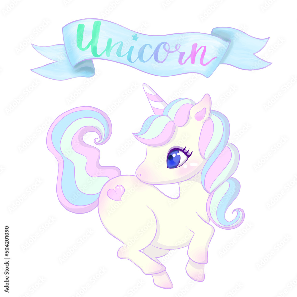 Obraz premium Cute unicorn vector illustration with logo and blue ribbon.