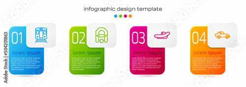 Set line Train and railway, Rafting boat, and Car. Business infographic template. Vector