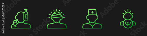Set line Male doctor, Alcoholism, Concussion, headache and Psychology. Gradient color icons. Vector