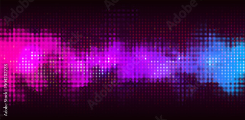 Abstract halftone smoke background, with blending vibrant colors and textures. Wave pattern with graphic retro and neon led effect . Futuristic cyberpunk design with glowing colorful neon  lights.