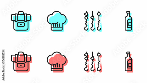 Set line Grilled shish kebab on skewer, Hiking backpack, Chef hat and Bottle of wine icon. Vector