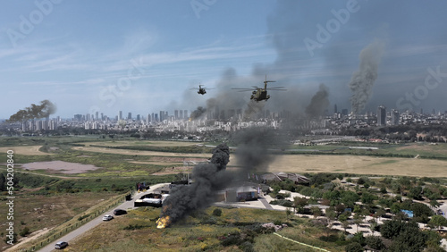 3d rendering, Large city under massive attack with destroyed buildings, aerial Drone view over Tel aviv city bombarded with smoke rising and helicopters, israel,2022 3d illustraion