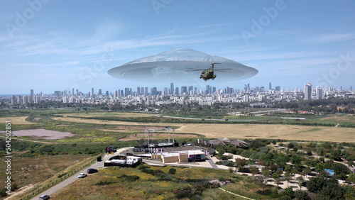 Schilderij op canvas 3d rendering, Massive ufo Flying saucer hovering over large city Aerial view
Dro