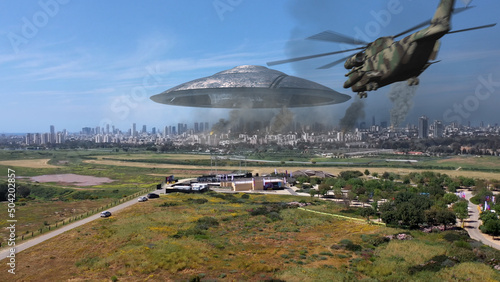 Photography 3d rendering, Massive ufo Flying saucer hovering over destroyed city Aerial view