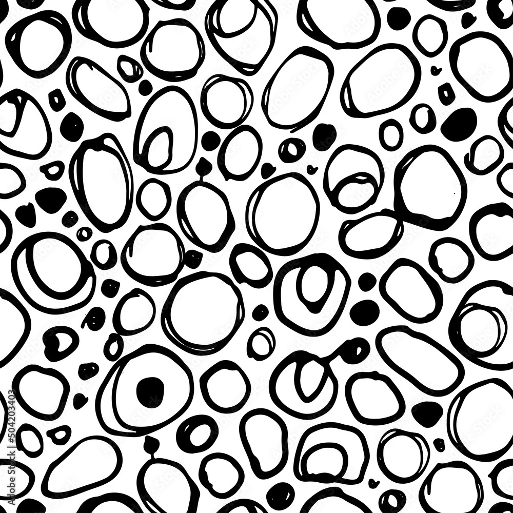Fototapeta premium Circular doodles vector seamless pattern. Hand drawn vector ink background. Abstract fizzy water background. Linear irregular bubbles. Black ink circles. Stylish monochrome doodles. Blots and dots.