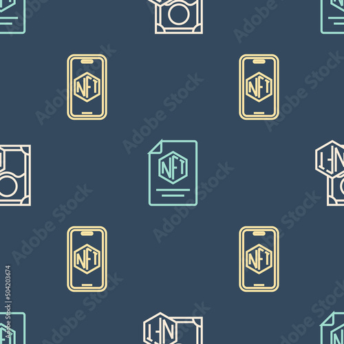 Set line NFT Digital crypto art, Mobile with store app and contract on seamless pattern. Vector