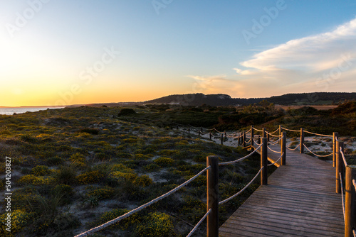 Playa de Son Bou, en Menorca (Islas Baleares, España). Pasarela de madera entre las dunas de la playa, alanochecer (puesta de sol) photo