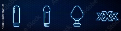 Set line Anal plug, Dildo vibrator, Dildo vibrator and Sex shop. Glowing neon icon on brick wall. Vector