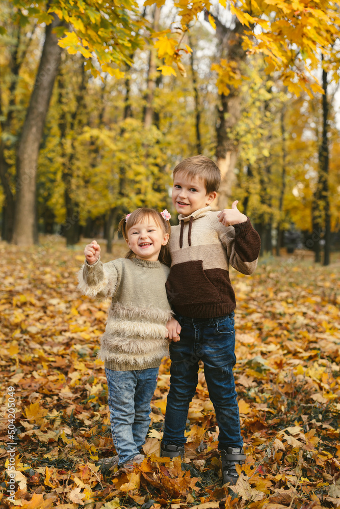 Children, brother and sister have fun and hug in the autumn forest among the fallen leaves. Children, brother and sister have fun and hug in the autumn forest among the fallen leaves.