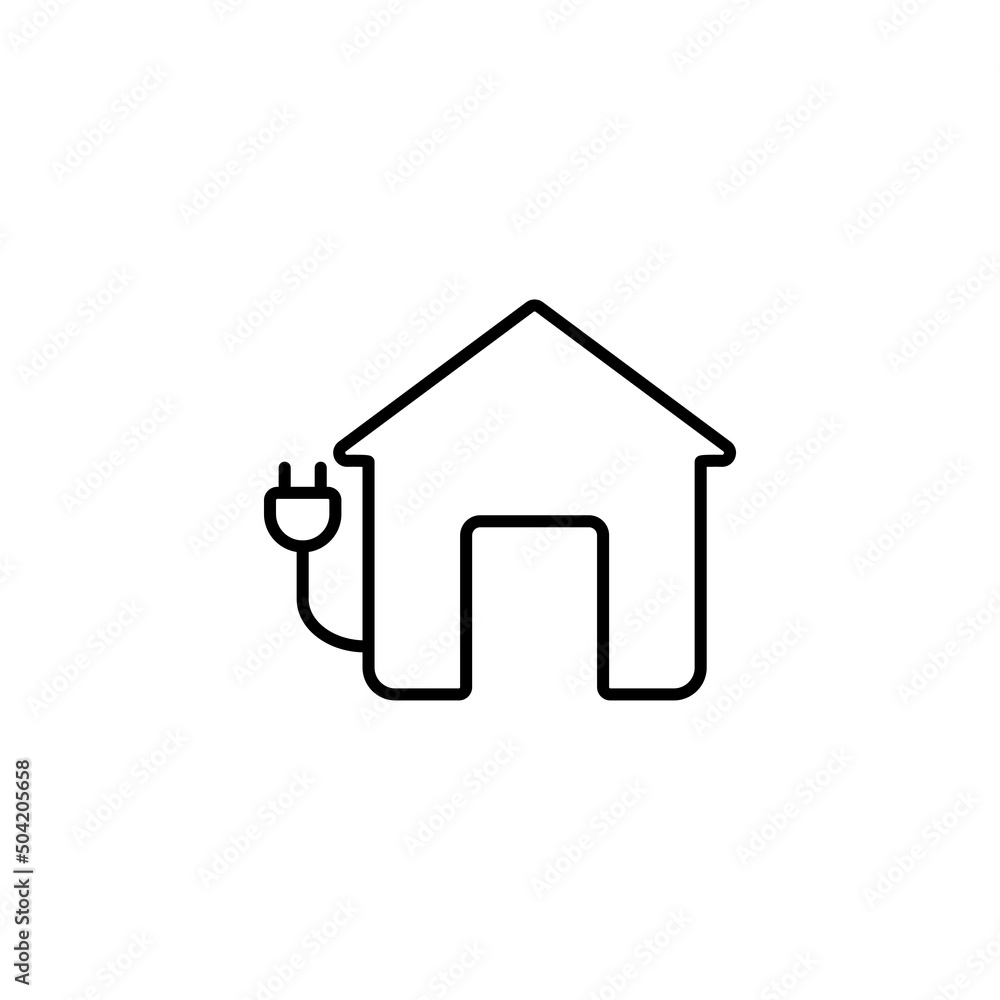 Eco energy socket and building line icon, smart home symbol, electricity vector sign on white background, house and electric plug icon in outline style for mobile and web. Vector graphics eps 10 Eco energy socket and building line icon, smart home symbol, electricity vector sign on white background, house and electric plug icon in outline style for mobile and web. Vector graphics eps 10