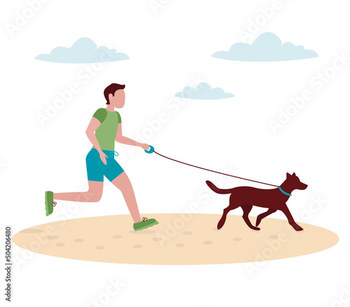 Man with a dog on a leash runs along the beach. Vector graphic.	