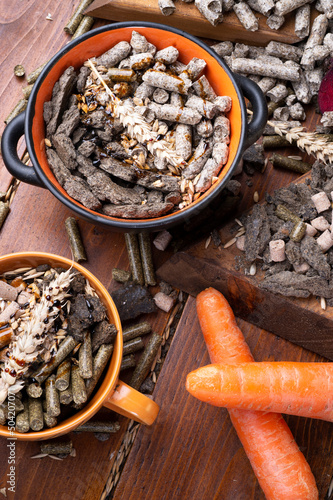 healthy menu for horses. food horsy concept. flat lay photo