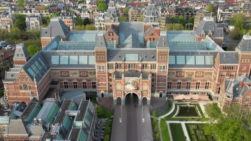 Rijksmuseum in Amsterdam, Netherlands aerial view. Dutch national museum, famous place to visit in Holland. photo