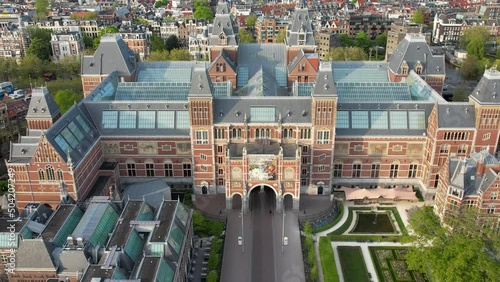 Rijksmuseum in Amsterdam, Netherlands aerial view. Dutch national museum, famous place to visit in Holland.