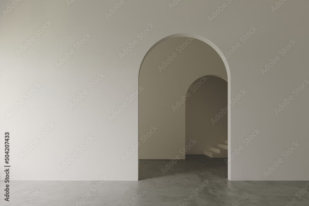 3D render empty white room with arch wall design and concrete floor, corridor with stair, perspective of minimal design. Illustration - obrazy, fototapety, plakaty 