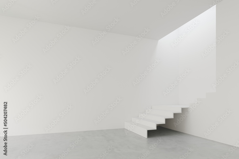 3D render empty white room with stair, concrete floor perspective of minimal design. Illustration 3D render empty white room with stair, concrete floor perspective of minimal design. Illustration