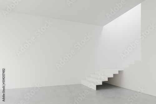 3D render empty white room with stair, concrete floor perspective of minimal design. Illustration
