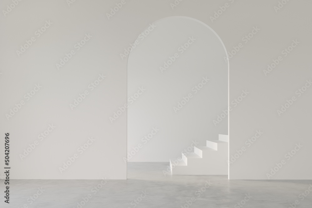 3D render empty white room with arch door wall design and concrete floor, corridor with stairs, perspective of minimal design. Illustration - obrazy, fototapety, plakaty 
