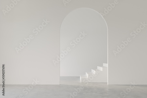 Vászonkép 3D render empty white room with arch door wall design and concrete floor, corridor with stairs, perspective of minimal design