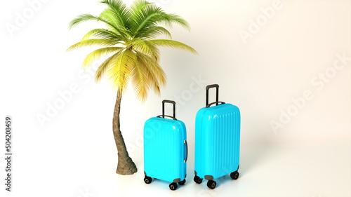 Travel turquoise suitcase on the white background surrounded by travel text. Palm tree, travel concept. 3D Rendering.
