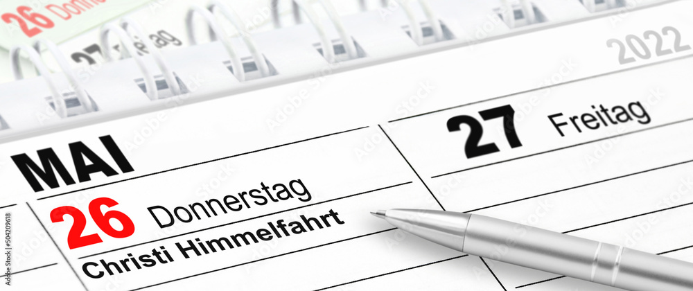 Deutscher Kalender 2022 und Datum 26. Mai Christi Himmelfahrt - obrazy, fototapety, plakaty 