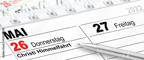 Photographie Deutscher Kalender 2022 und Datum 26. Mai Christi Himmelfahrt