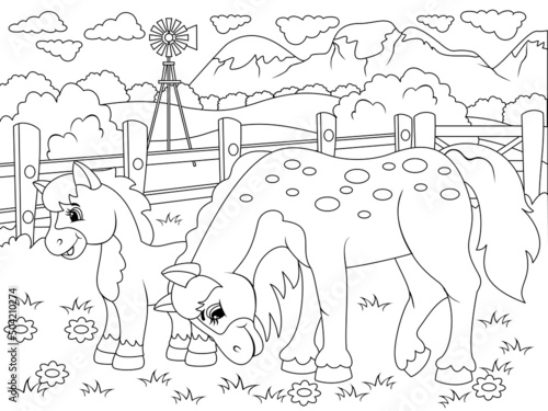 Stable, two horses graze in the agricultural yard, farm. Vector, page for printable children coloring book.