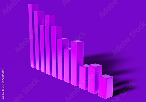 Diagram fall. Downgrading diagram with neon glow. Concept of deteriorating business performance. Volumetric diagram fall. Simple bar chart on purple. Decline background. 3d rendering.