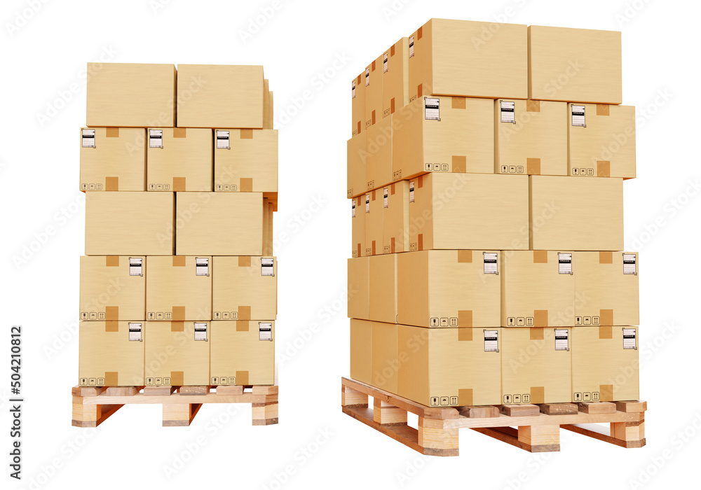 Boxes with goods on pallets. Identical boxes with stickers for accounting. Concept of cargo transportation. In box as metaphor for fulfillment. Boxes on pallets isolated on white. 3d rendering. Boxes with goods on pallets. Identical boxes with stickers for accounting. Concept of cargo transportation. In box as metaphor for fulfillment. Boxes on pallets isolated on white. 3d rendering.