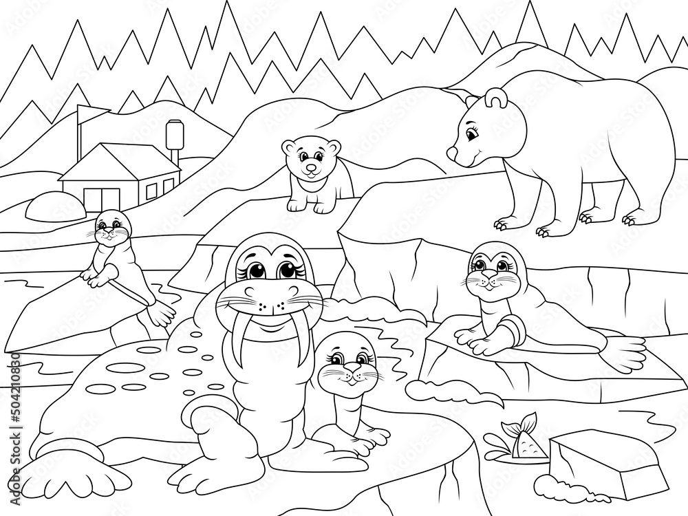 Obraz premium North Pole landscape and wild animals. Vector page for printable children coloring book.