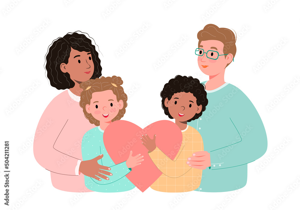 International family concept. Adoption of a baby. Multiethnic foster family loves and cares for foster children. Parents of different nationalities with children. Vector illustration in flat cartoon International family concept. Adoption of a baby. Multiethnic foster family loves and cares for foster children. Parents of different nationalities with children. Vector illustration in flat cartoon