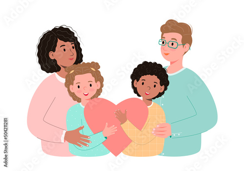 International family concept. Adoption of a baby. Multiethnic foster family loves and cares for foster children. Parents of different nationalities with children. Vector illustration in flat cartoon